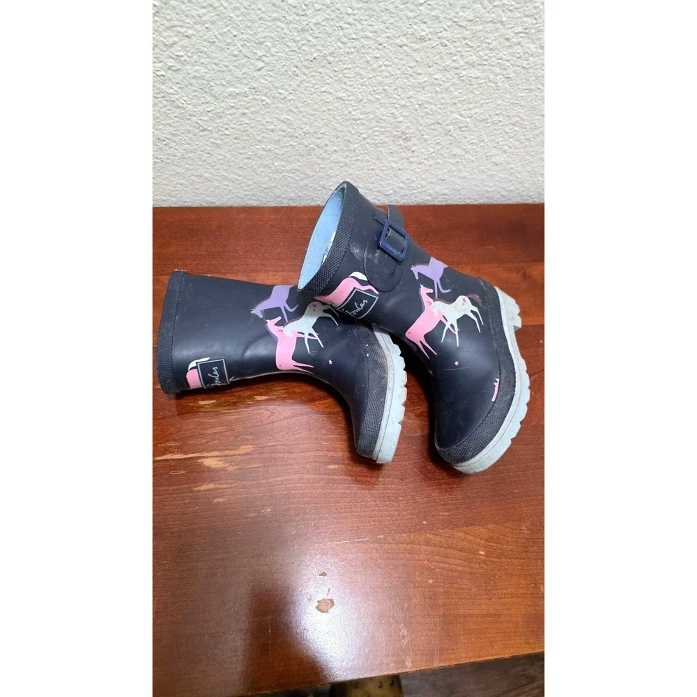 Joules Kids Navy Rain Boots With Pink Unicorn Print & Buckle Detail Size 9